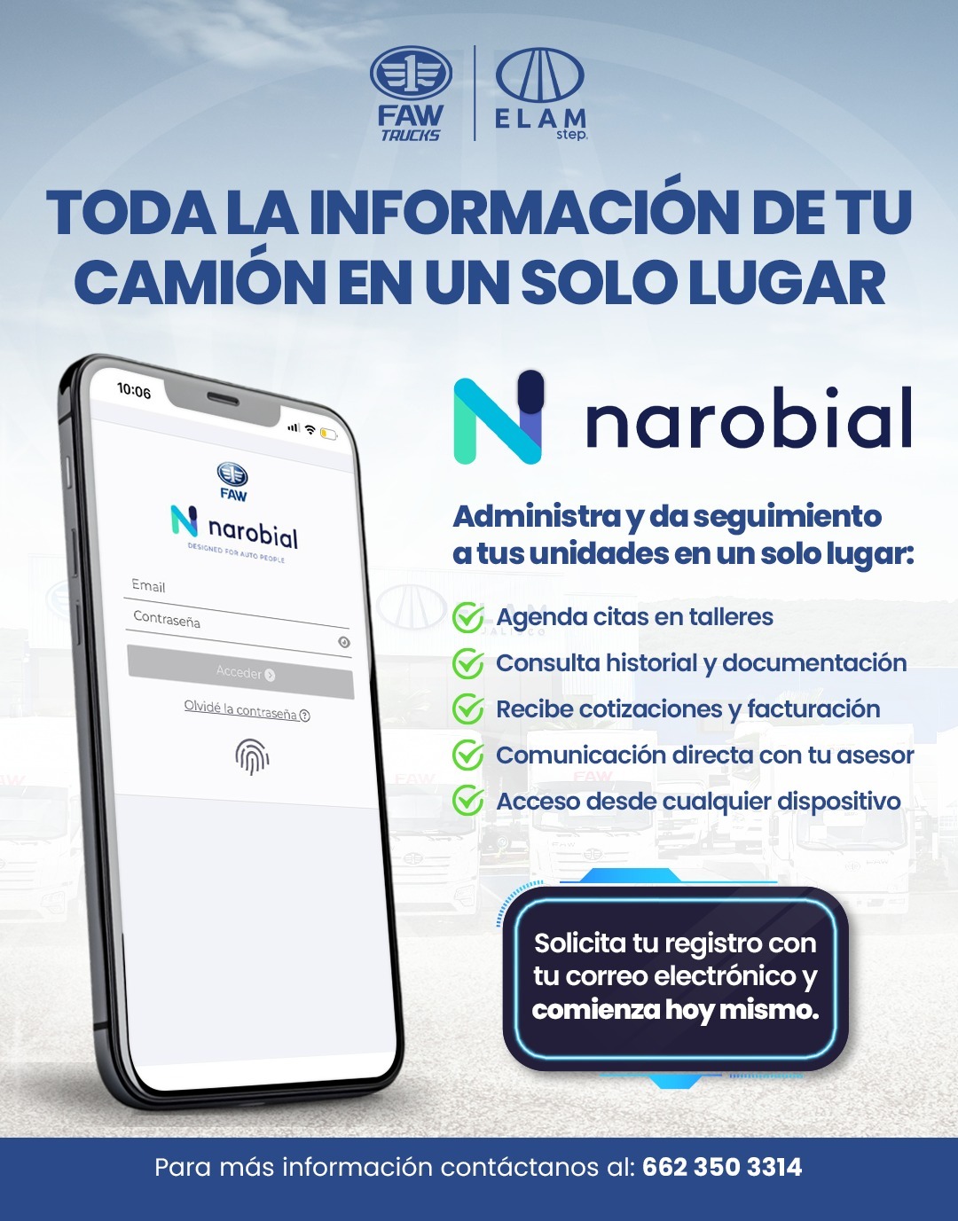 Ficha de Narobial: agenda citas en talleres, consulta historial y documentación, recibe cotizaciones y facturación, comunicación directa con tu asesor y acceso desde cualquier dispositivo.